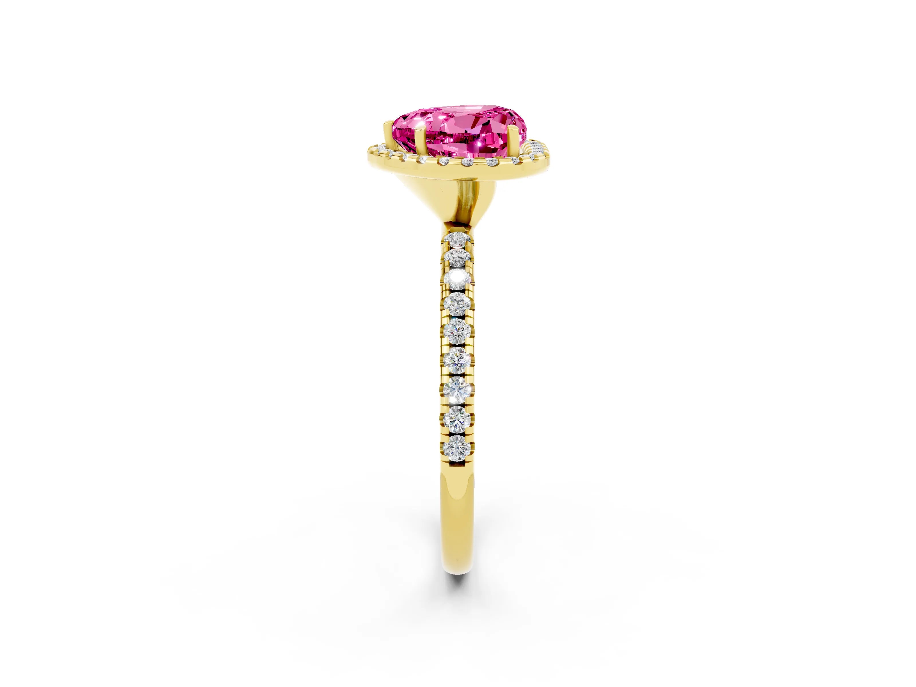 Yellow gold Heart Cut Cut Diamond Floral Halo Engagement Ring with Pavé Band and Prong Setting_2