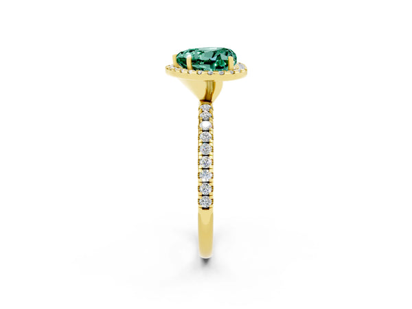 Yellow gold Heart Cut Green Sapphire Halo Engagement Ring with Round Pavé Band and Prong Setting