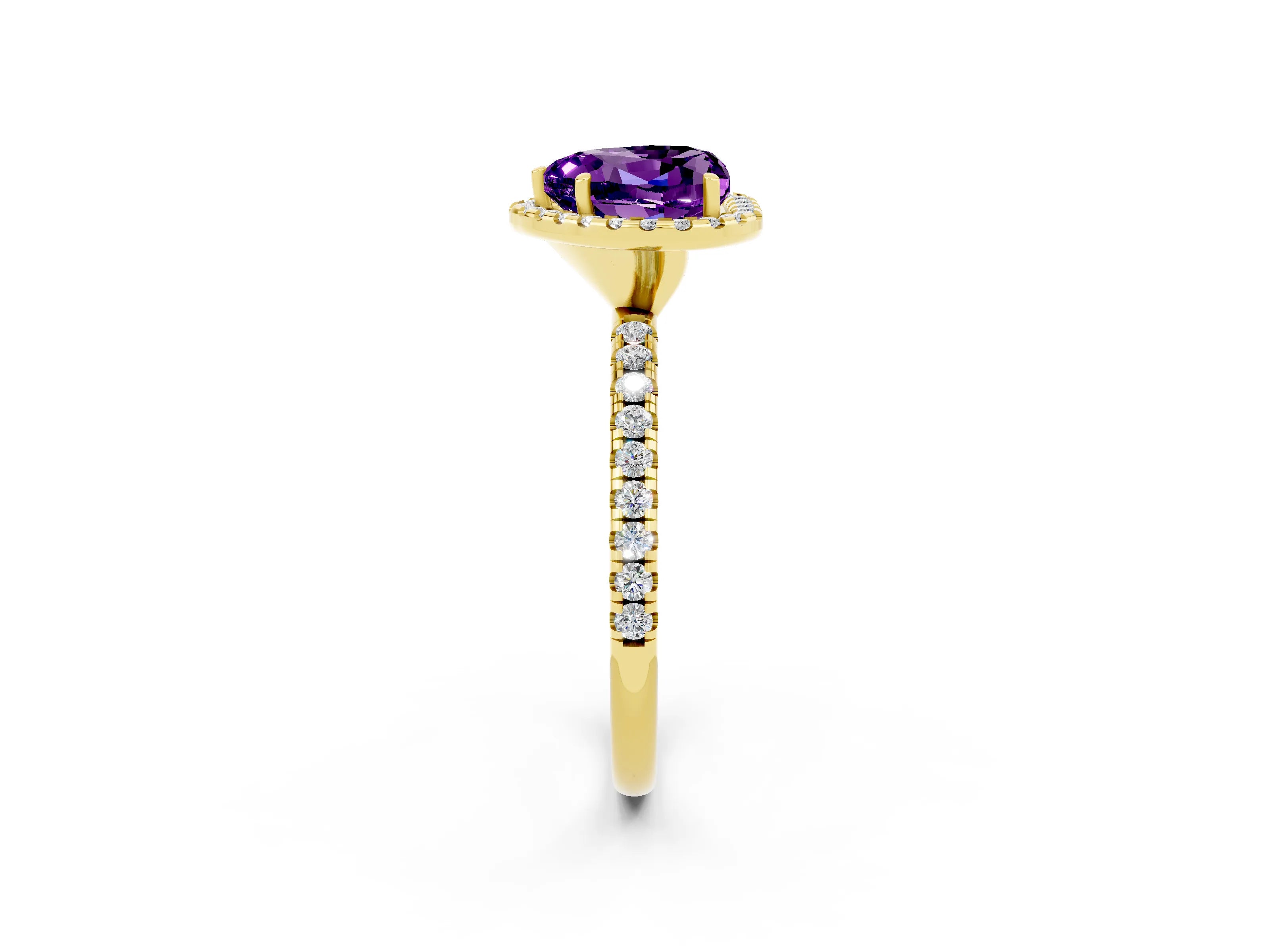 Yellow gold Heart Cut Cut Diamond Floral Halo Engagement Ring with Pavé Band and Prong Setting_2