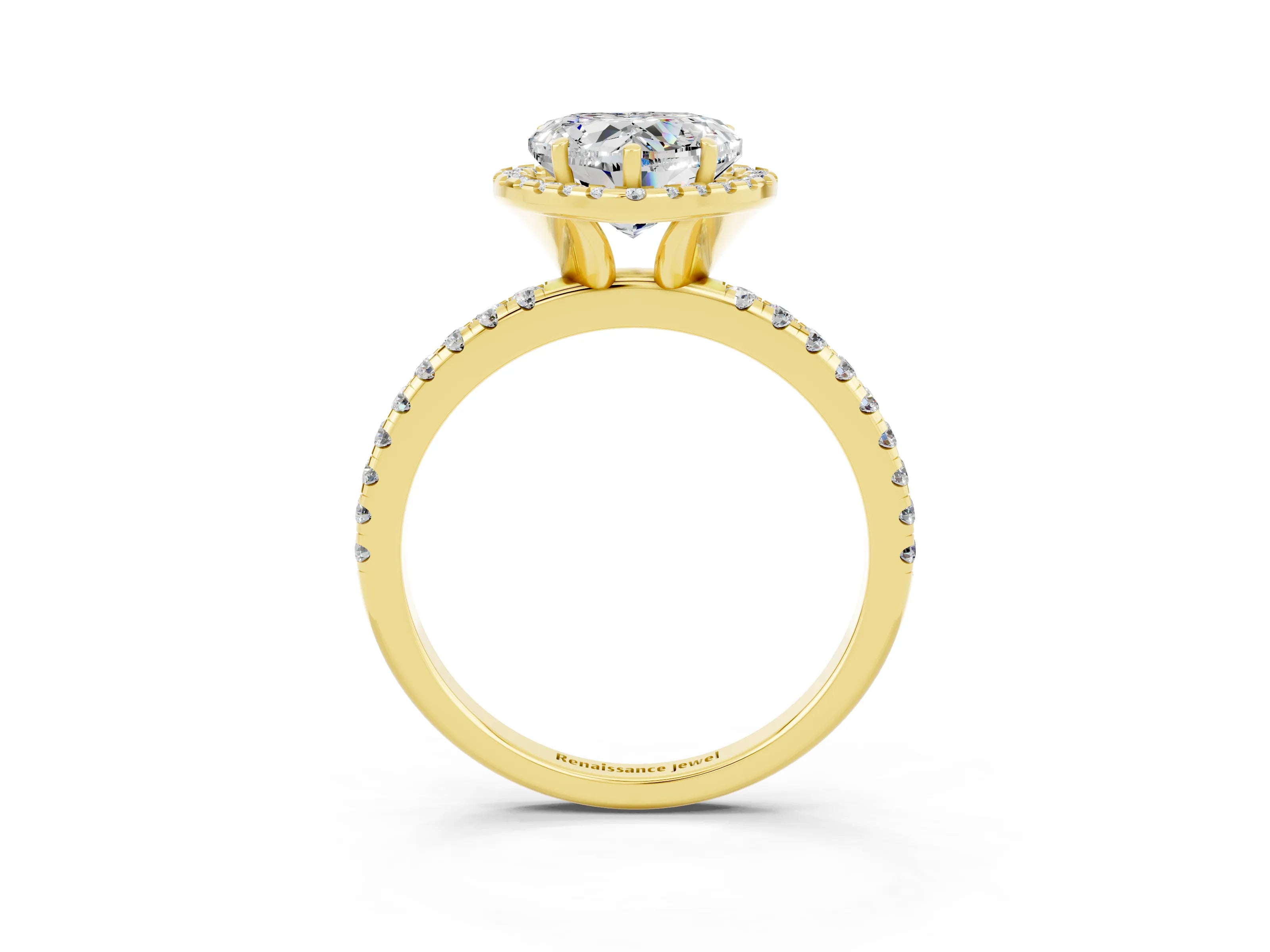 Yellow gold Heart Cut Cut Diamond Floral Halo Engagement Ring with Pavé Band and Prong Setting_3