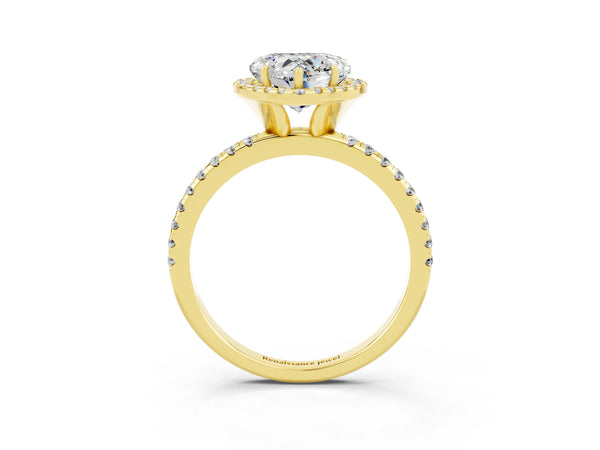 Yellow gold Heart Cut Moissanite Halo Engagement Ring with Round Pavé Band and Prong Setting