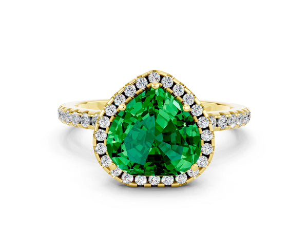 Yellow gold Heart Cut Emerald Halo Engagement Ring with Round Pavé Band and Prong Setting