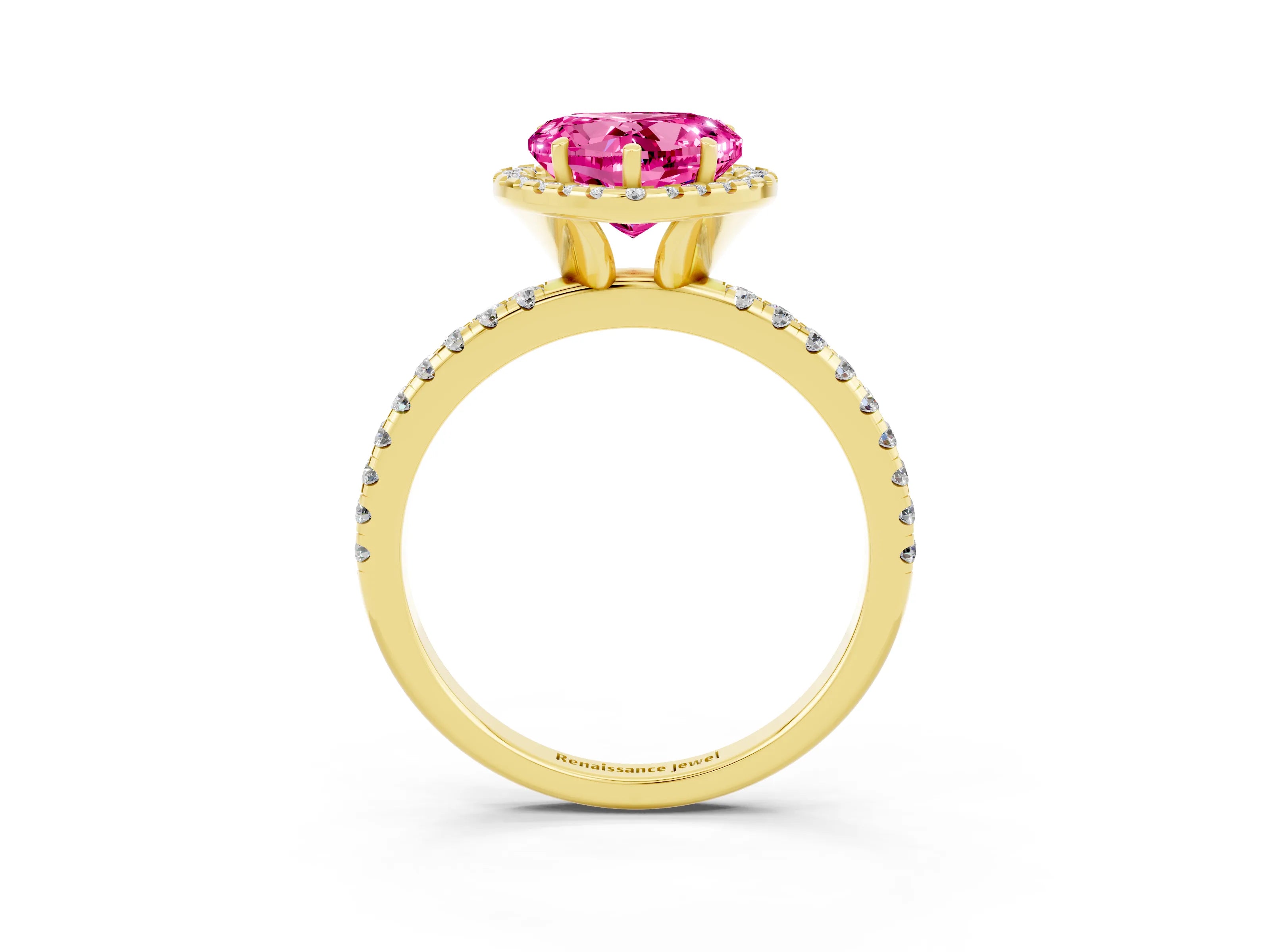 Yellow gold Heart Cut Cut Diamond Floral Halo Engagement Ring with Pavé Band and Prong Setting_3