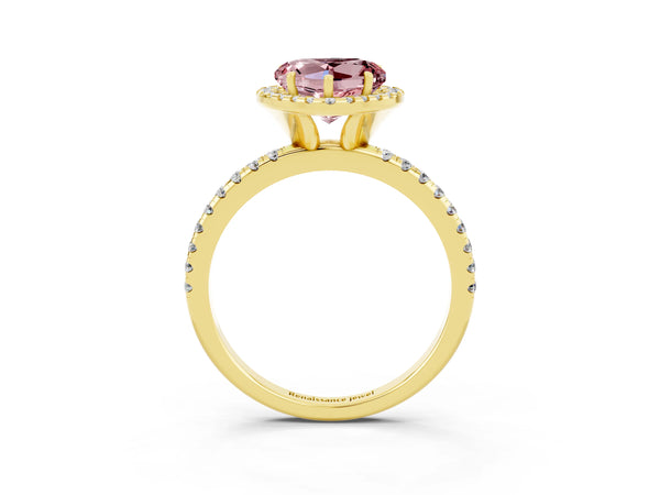 Yellow gold Heart Cut Cut Diamond Floral Halo Engagement Ring with Pavé Band and Prong Setting