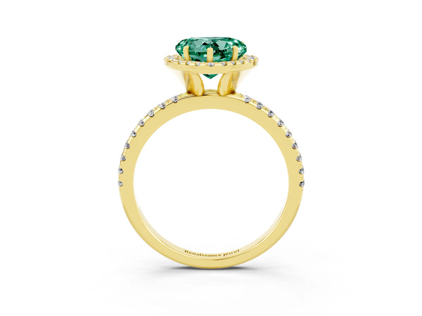 Yellow gold Heart Cut Green Sapphire Halo Engagement Ring with Round Pavé Band and Prong Setting