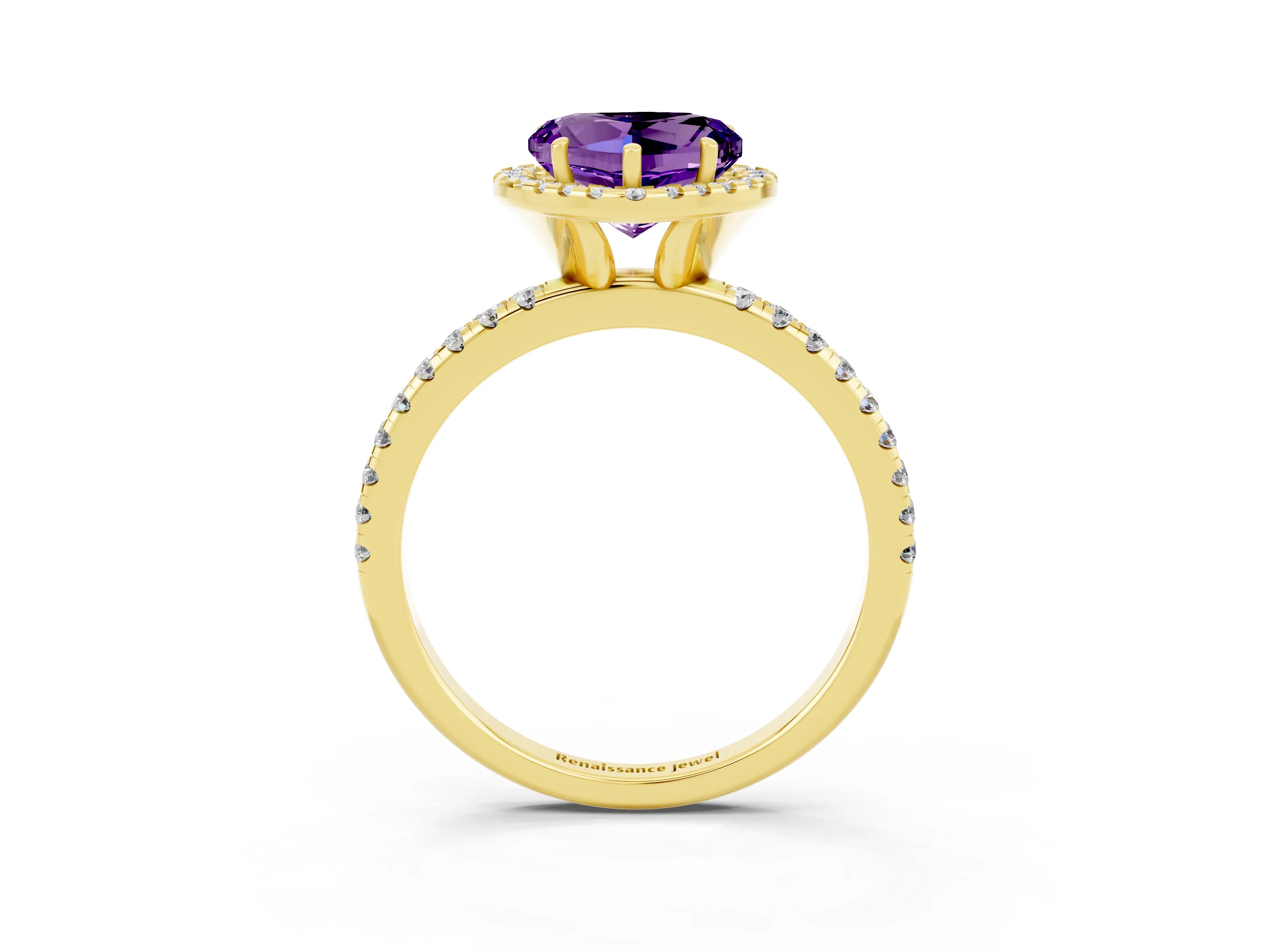 Yellow gold Heart Cut Cut Diamond Floral Halo Engagement Ring with Pavé Band and Prong Setting_3