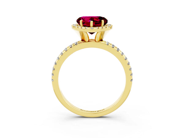 Yellow gold Heart Cut Garnet Halo Engagement Ring with Round Pavé Band and Prong Setting