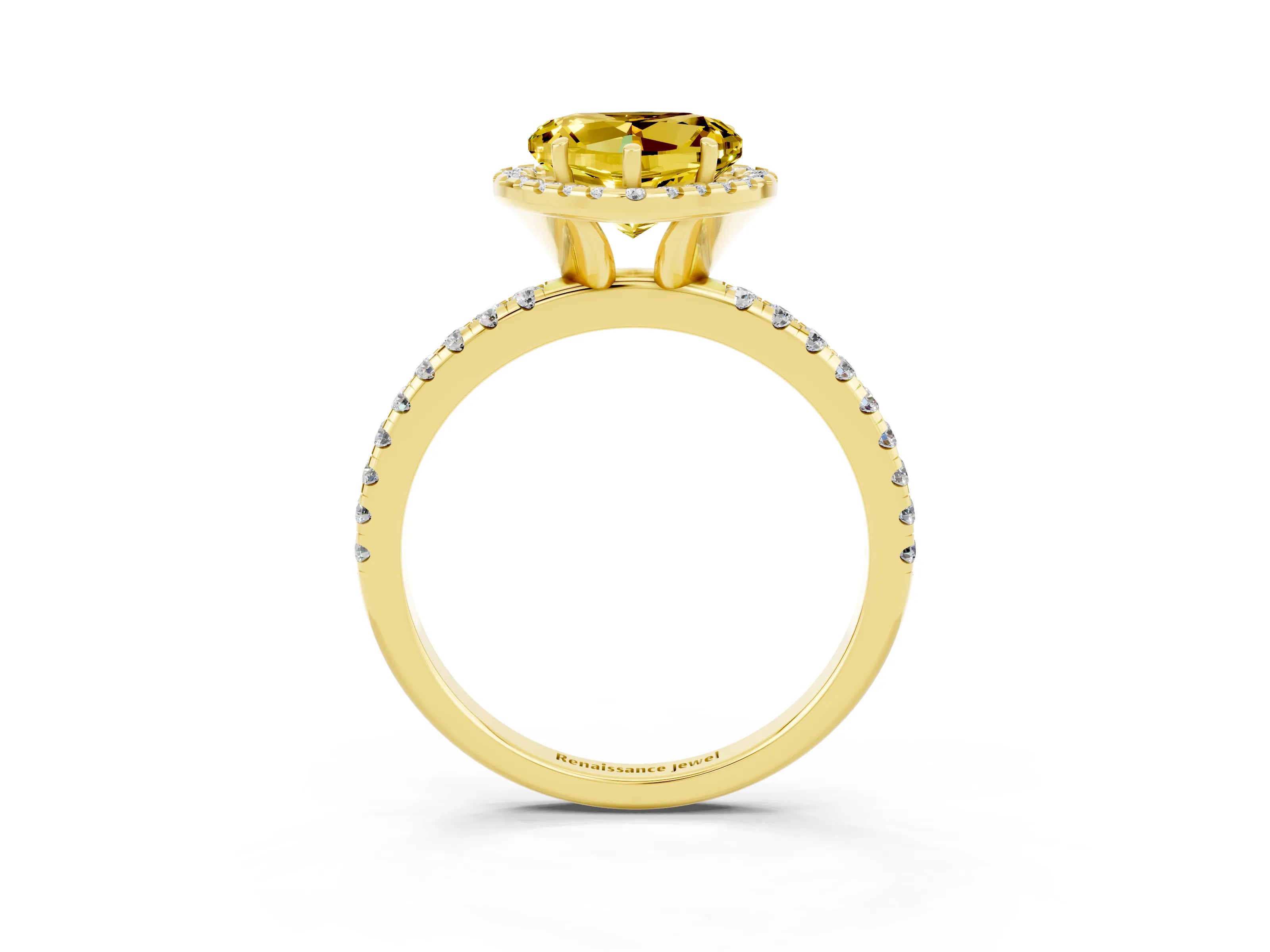 Yellow gold Heart Cut Cut Diamond Floral Halo Engagement Ring with Pavé Band and Prong Setting_3