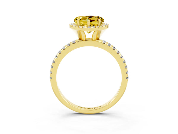 Yellow gold Heart Cut Yellow Sapphire Halo Engagement Ring with Round Pavé Band and Prong Setting