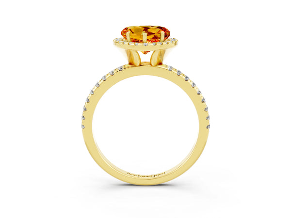 Yellow gold Heart Cut Citrine Halo Engagement Ring with Round Pavé Band and Prong Setting