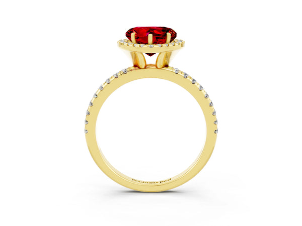 Yellow gold Heart Cut Cut Diamond Floral Halo Engagement Ring with Pavé Band and Prong Setting
