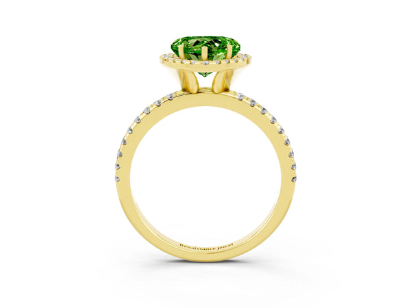 Yellow gold Heart Cut Cut Diamond Floral Halo Engagement Ring with Pavé Band and Prong Setting