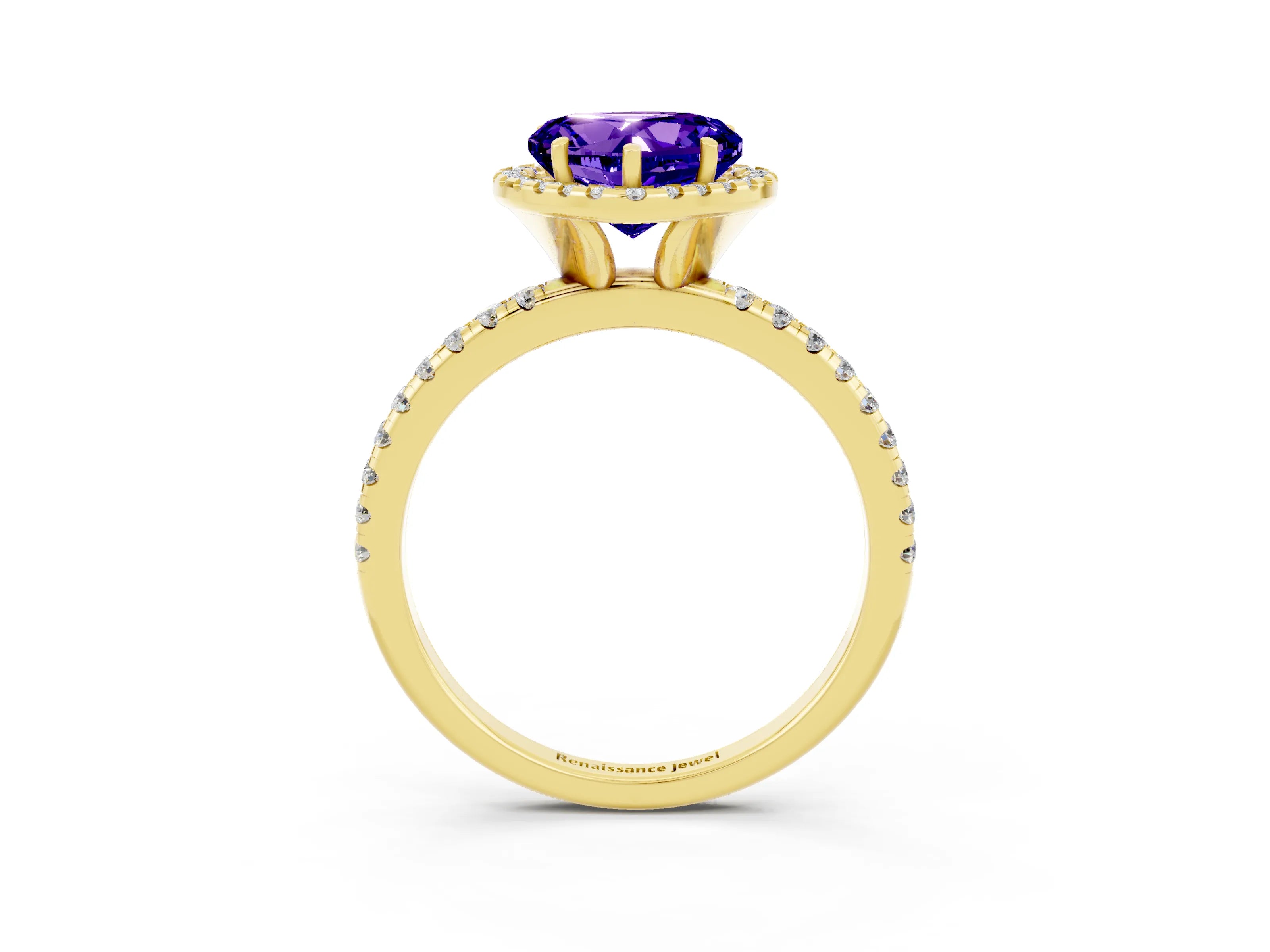 Yellow gold Heart Cut Cut Diamond Floral Halo Engagement Ring with Pavé Band and Prong Setting_3