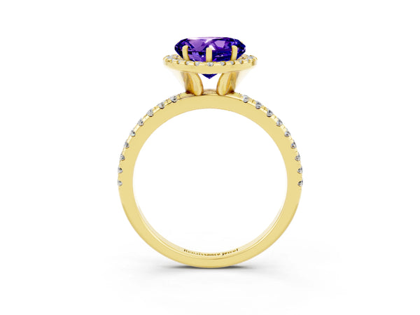 Yellow gold Heart Cut Tanzanite Halo Engagement Ring with Round Pavé Band and Prong Setting
