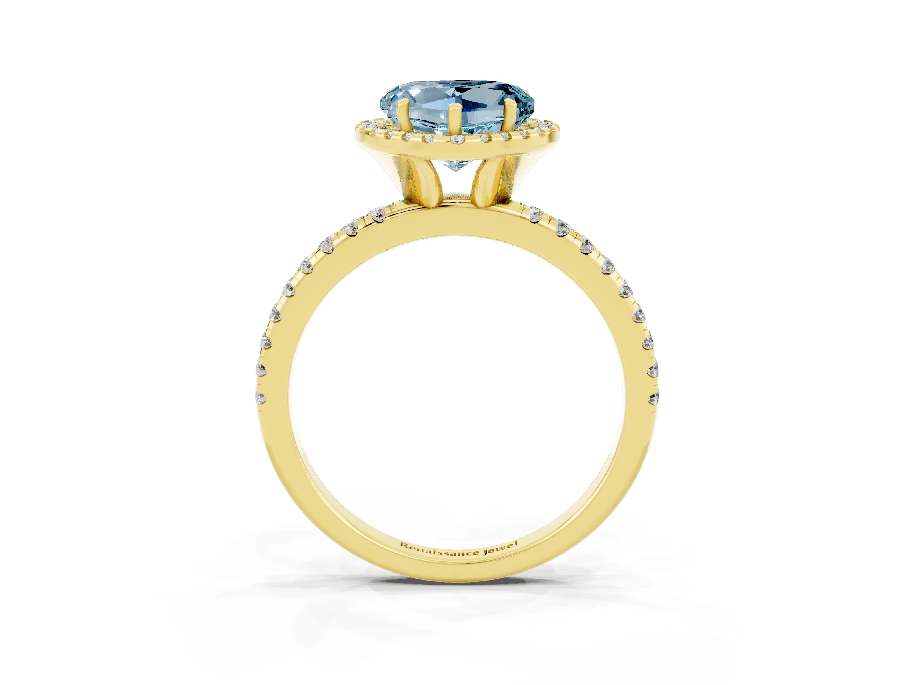 Yellow gold Heart Cut Cut Diamond Floral Halo Engagement Ring with Pavé Band and Prong Setting_3
