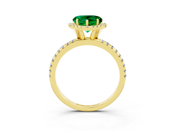 Yellow gold Heart Cut Emerald Halo Engagement Ring with Round Pavé Band and Prong Setting