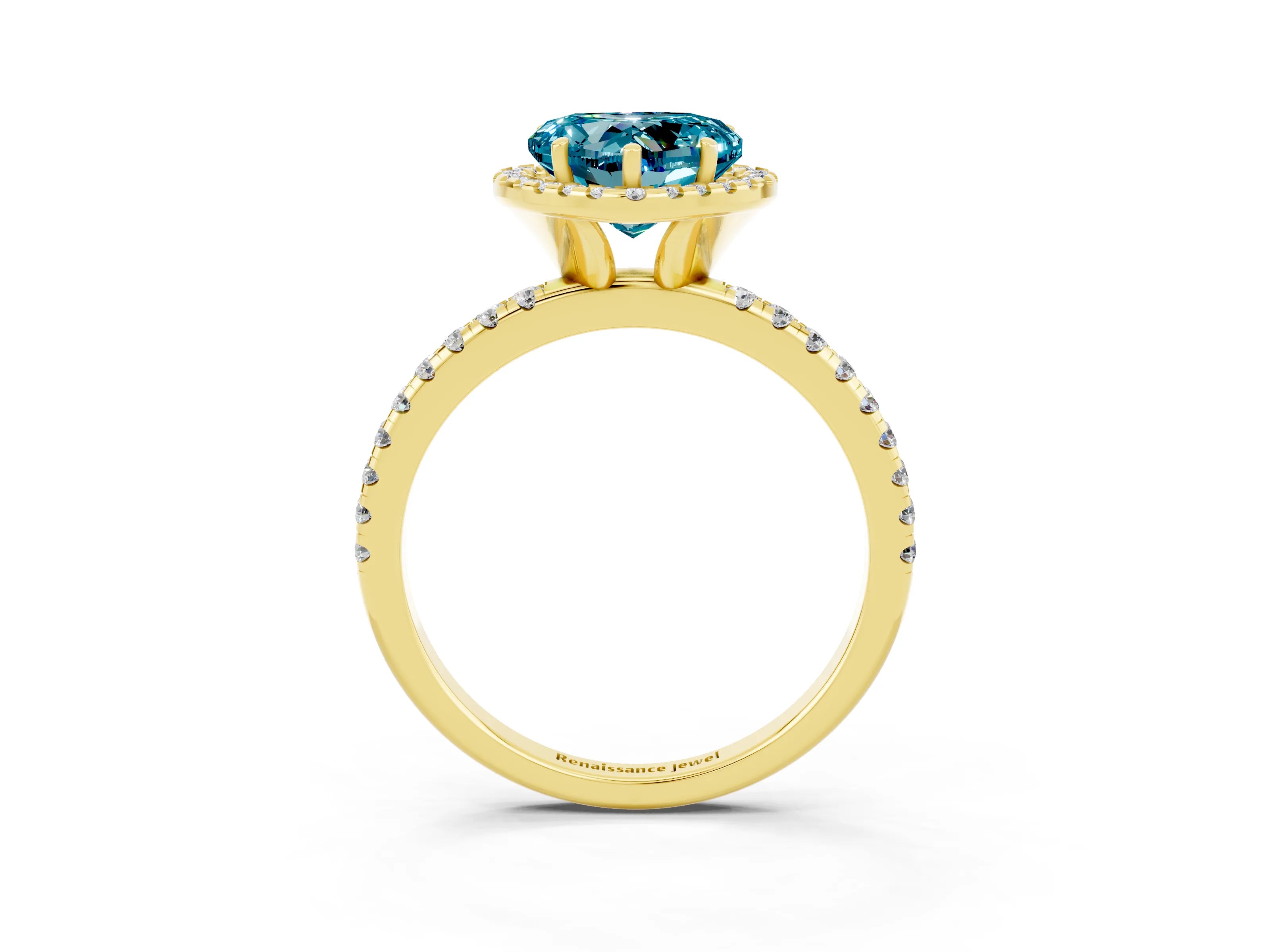 Yellow gold Heart Cut Cut Diamond Floral Halo Engagement Ring with Pavé Band and Prong Setting_3