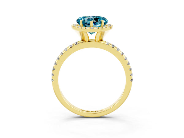 Yellow gold Heart Cut Cut Diamond Floral Halo Engagement Ring with Pavé Band and Prong Setting