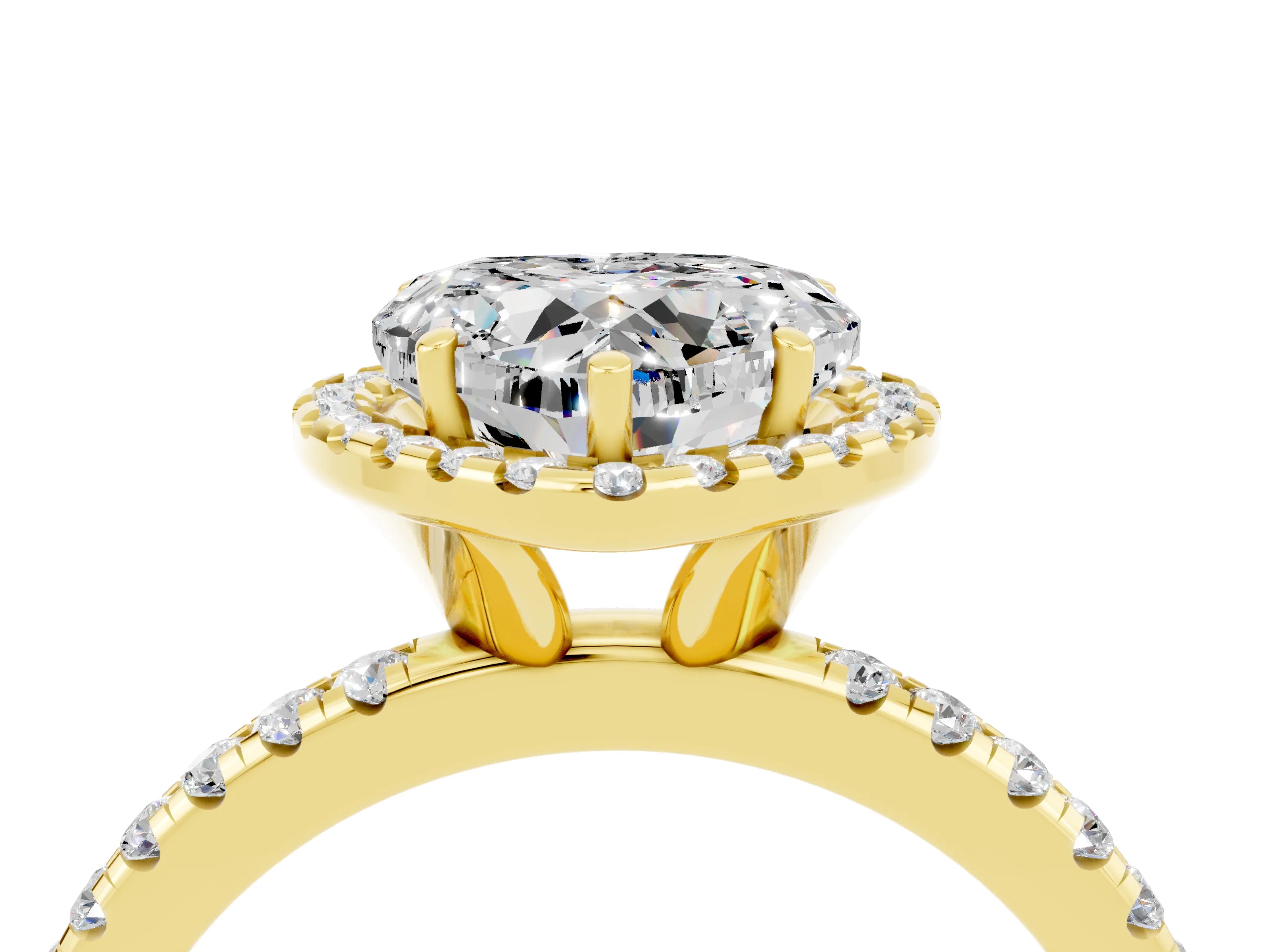 Yellow gold Heart Cut Cut Diamond Floral Halo Engagement Ring with Pavé Band and Prong Setting_4