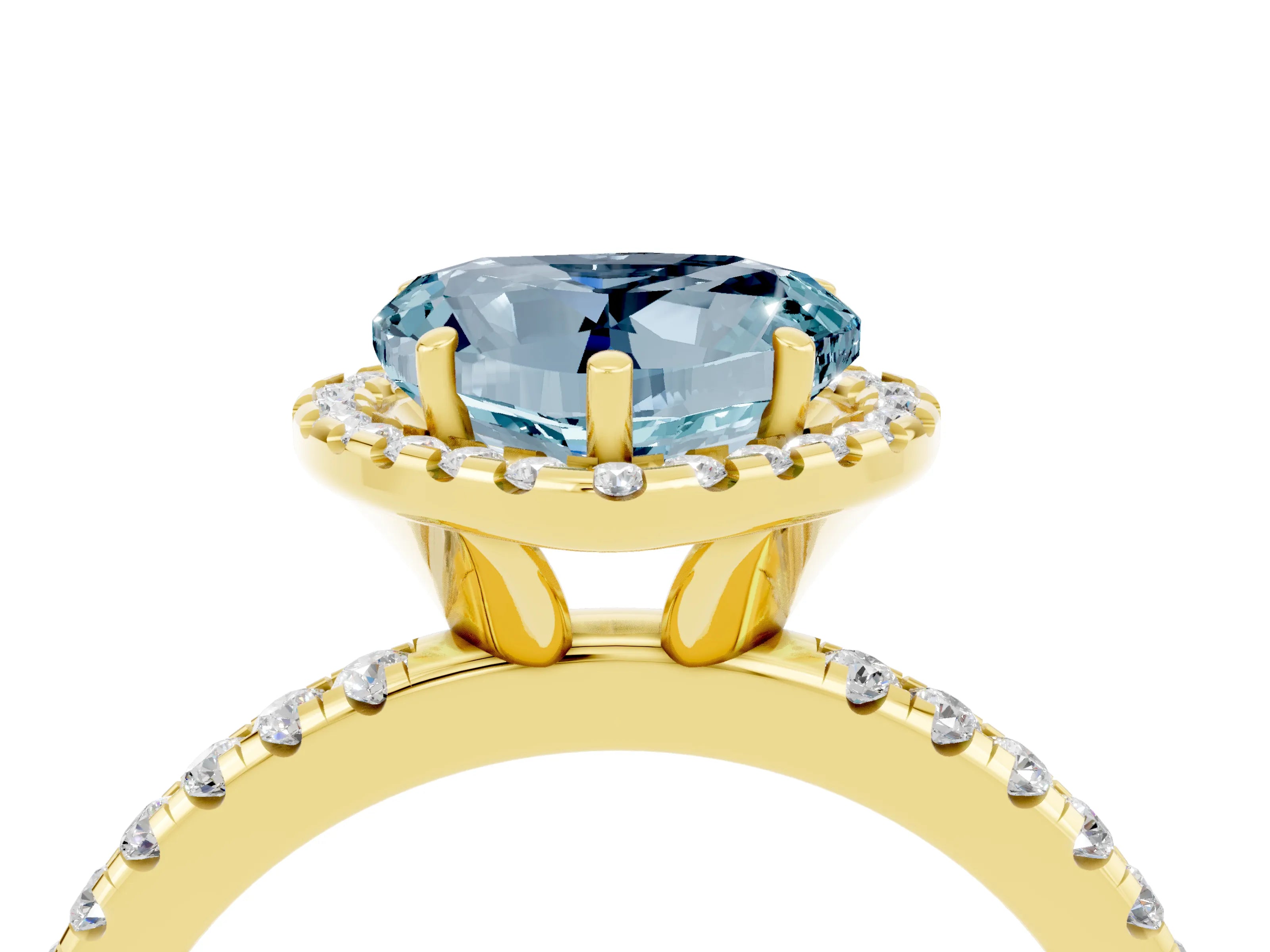 Yellow gold Heart Cut Cut Diamond Floral Halo Engagement Ring with Pavé Band and Prong Setting_4