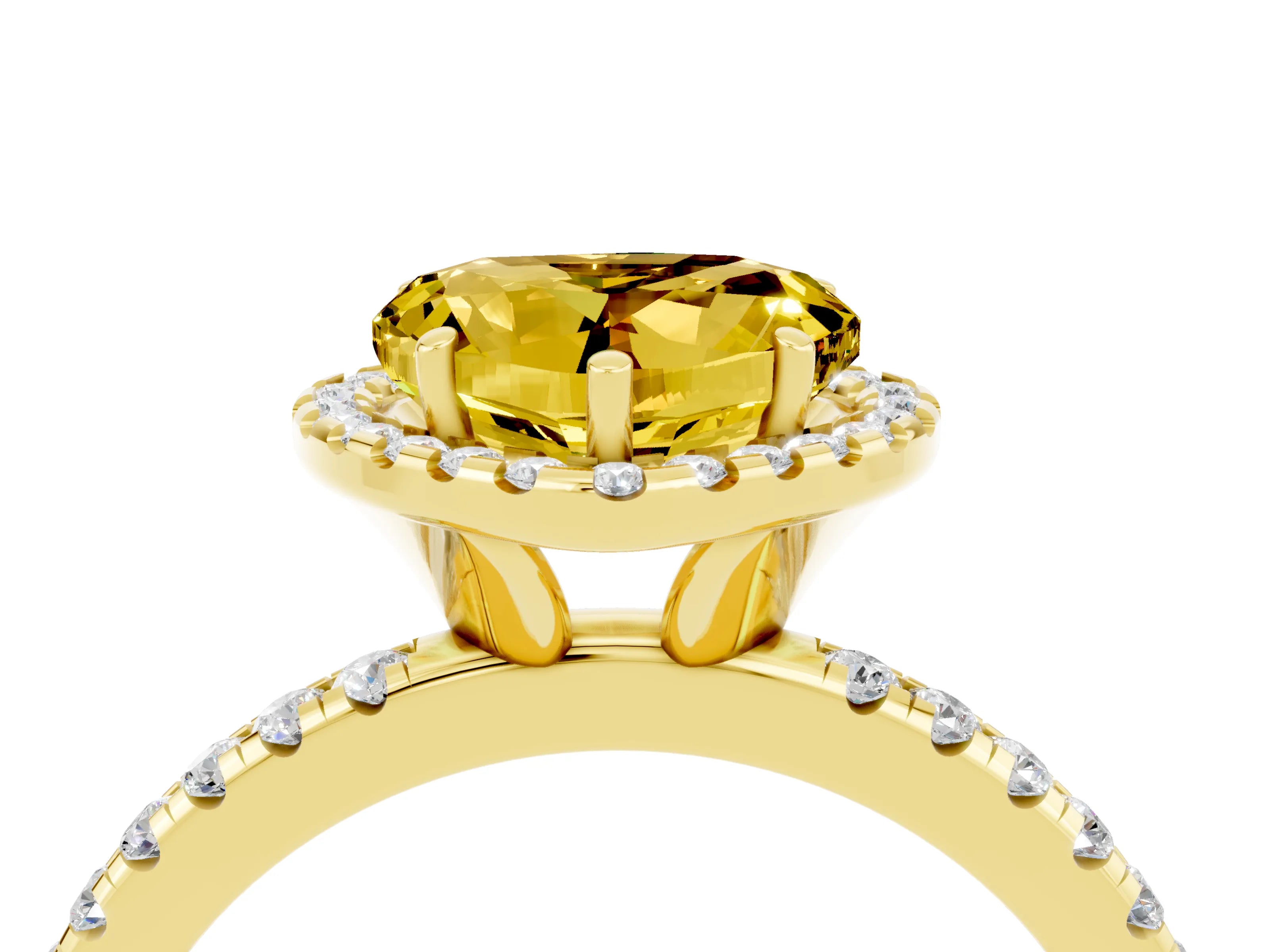 Yellow gold Heart Cut Cut Diamond Floral Halo Engagement Ring with Pavé Band and Prong Setting_4