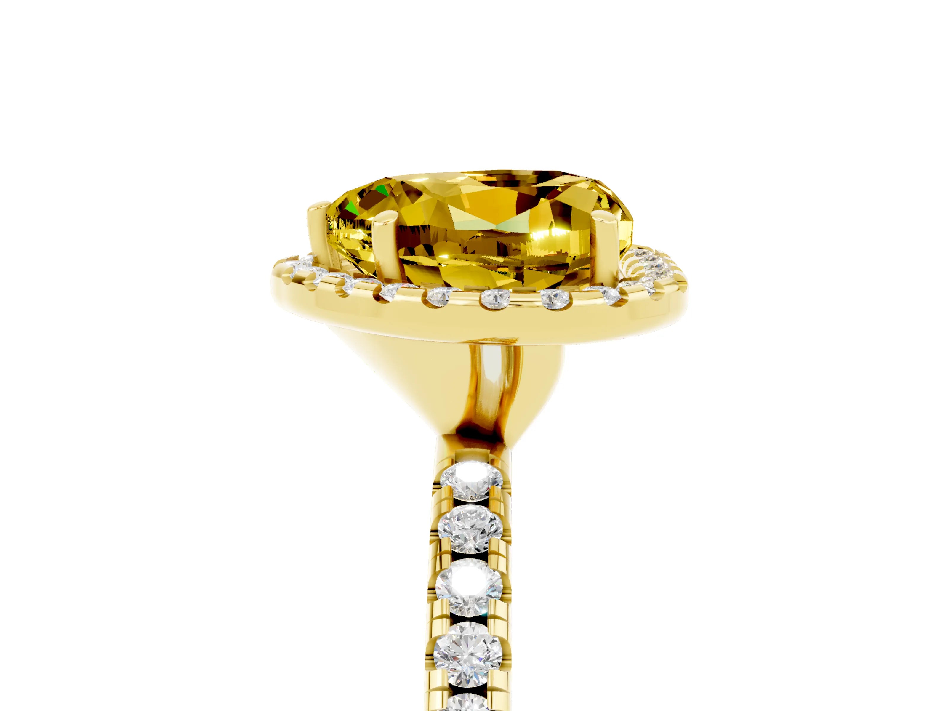 Yellow gold Heart Cut Cut Diamond Floral Halo Engagement Ring with Pavé Band and Prong Setting_5