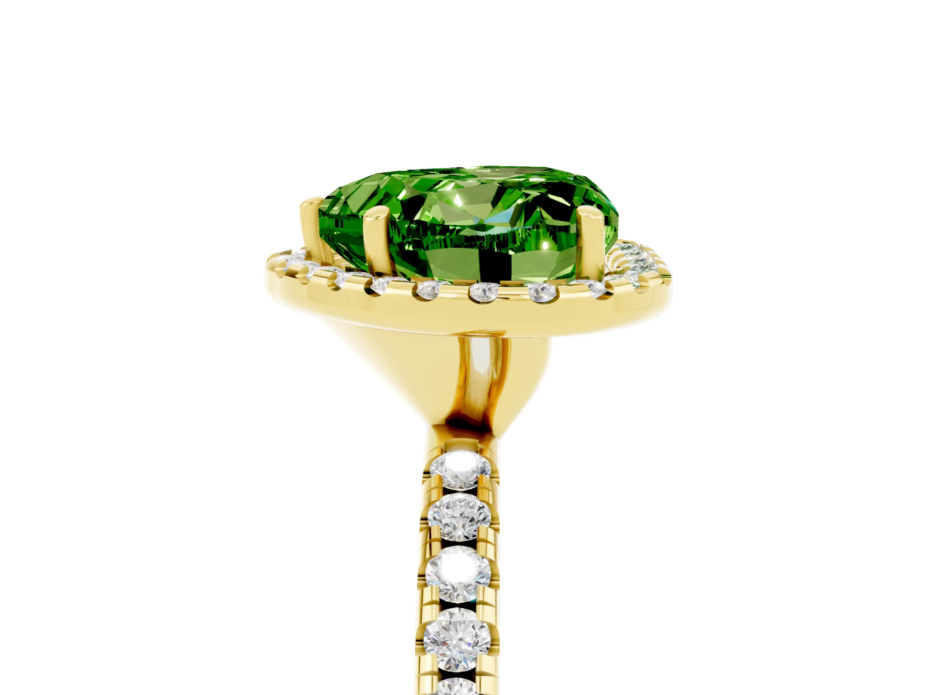 Yellow gold Heart Cut Cut Diamond Floral Halo Engagement Ring with Pavé Band and Prong Setting_5