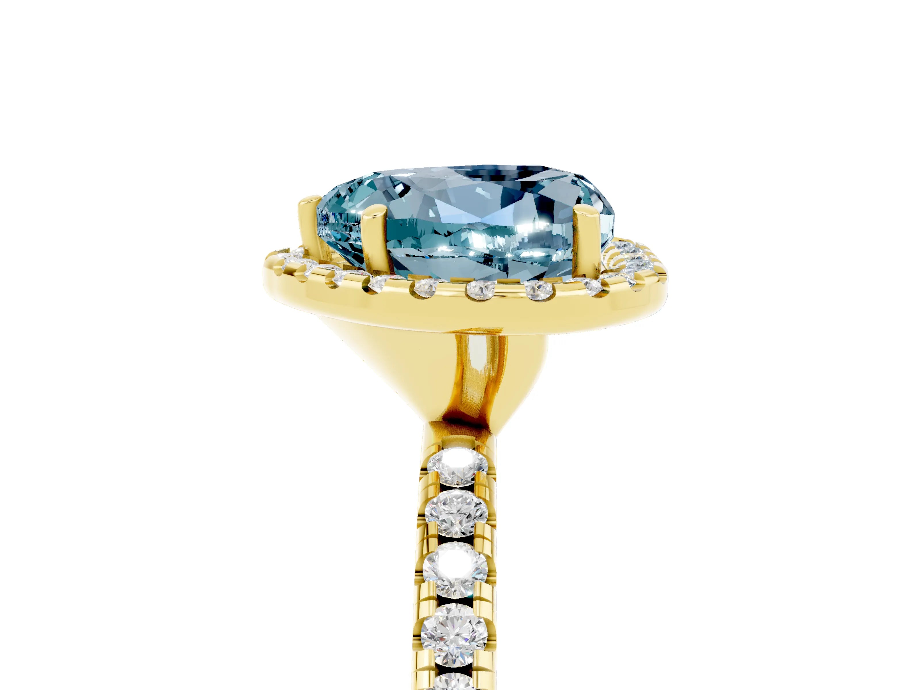 Yellow gold Heart Cut Cut Diamond Floral Halo Engagement Ring with Pavé Band and Prong Setting_5