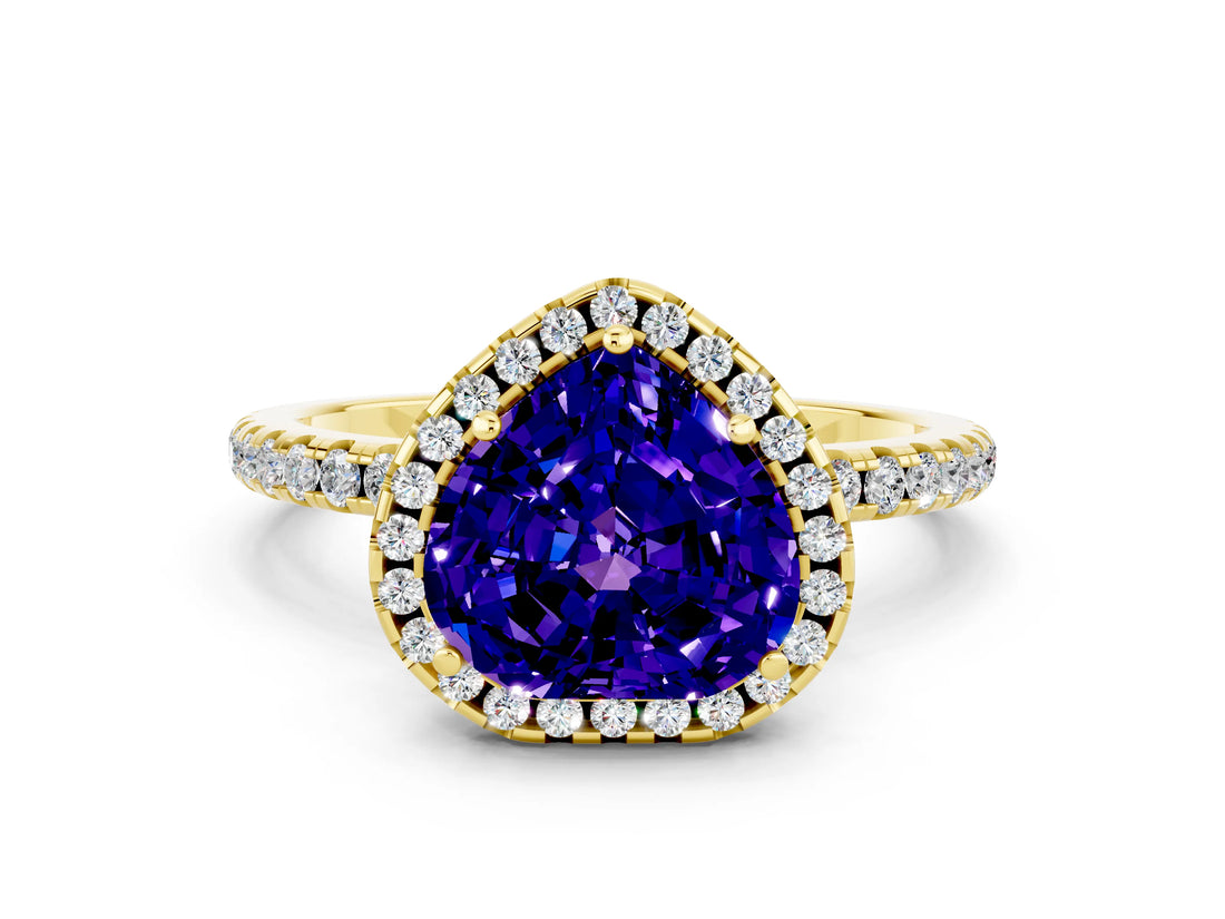 Yellow gold Heart Cut Cut Diamond Floral Halo Engagement Ring with Pavé Band and Prong Setting