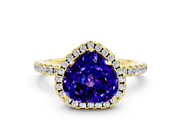 Yellow gold Heart Cut Tanzanite Halo Engagement Ring with Round Pavé Band and Prong Setting