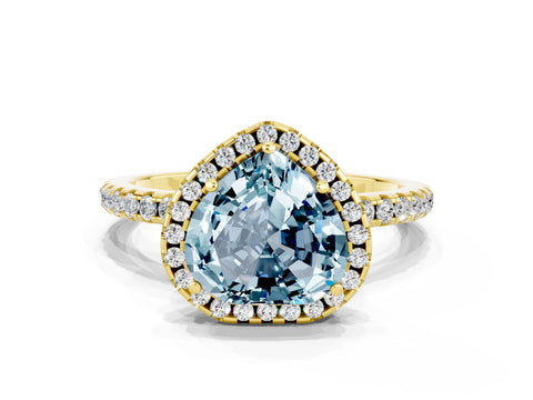 Yellow gold Heart Cut Cut Diamond Floral Halo Engagement Ring with Pavé Band and Prong Setting
