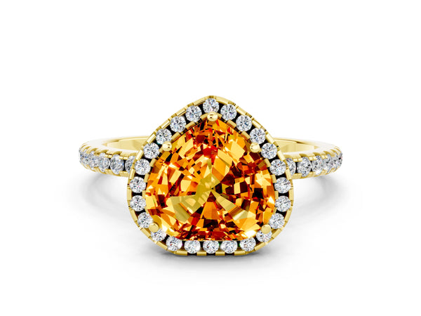 Yellow gold Heart Cut Citrine Halo Engagement Ring with Round Pavé Band and Prong Setting