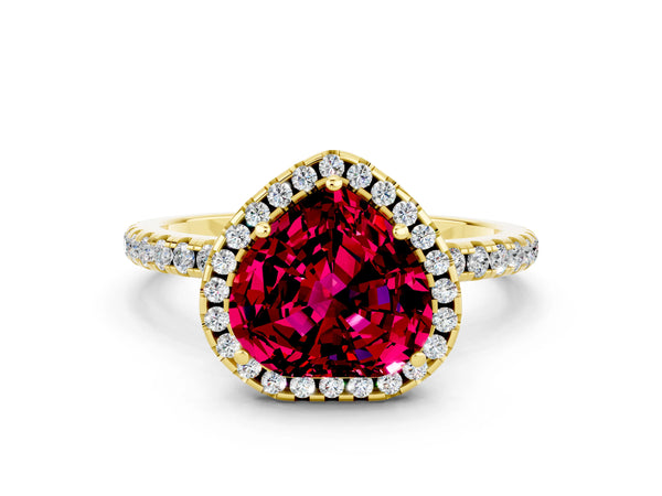 Yellow gold Heart Cut Garnet Halo Engagement Ring with Round Pavé Band and Prong Setting