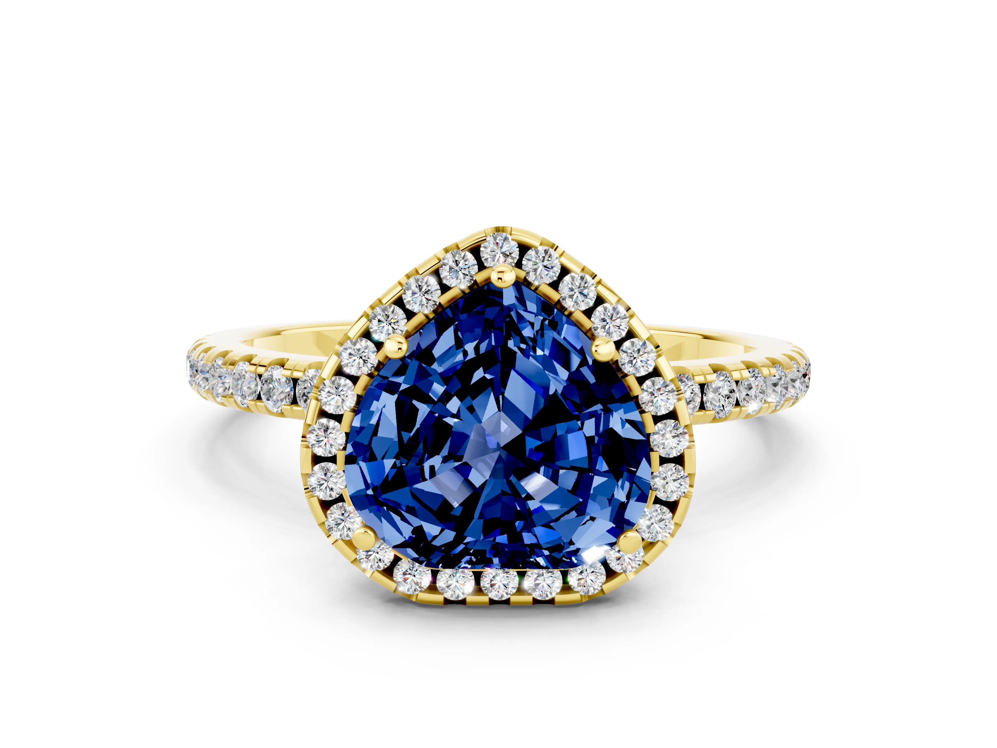 Yellow gold Heart Cut Cut Diamond Floral Halo Engagement Ring with Pavé Band and Prong Setting