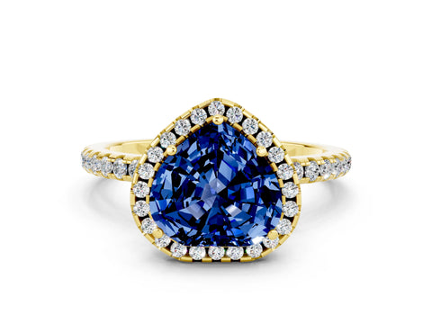 Yellow gold Heart Cut Cut Diamond Floral Halo Engagement Ring with Pavé Band and Prong Setting