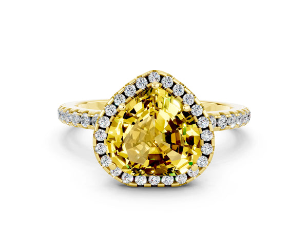 Yellow gold Heart Cut Yellow Sapphire Halo Engagement Ring with Round Pavé Band and Prong Setting