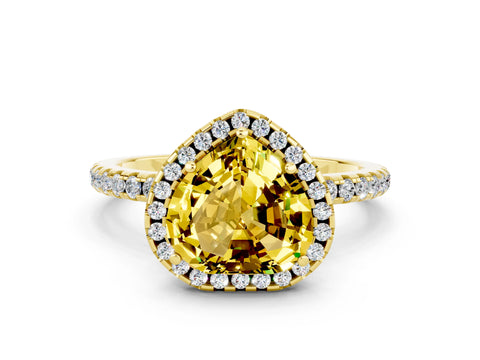 Yellow gold Heart Cut Cut Diamond Floral Halo Engagement Ring with Pavé Band and Prong Setting