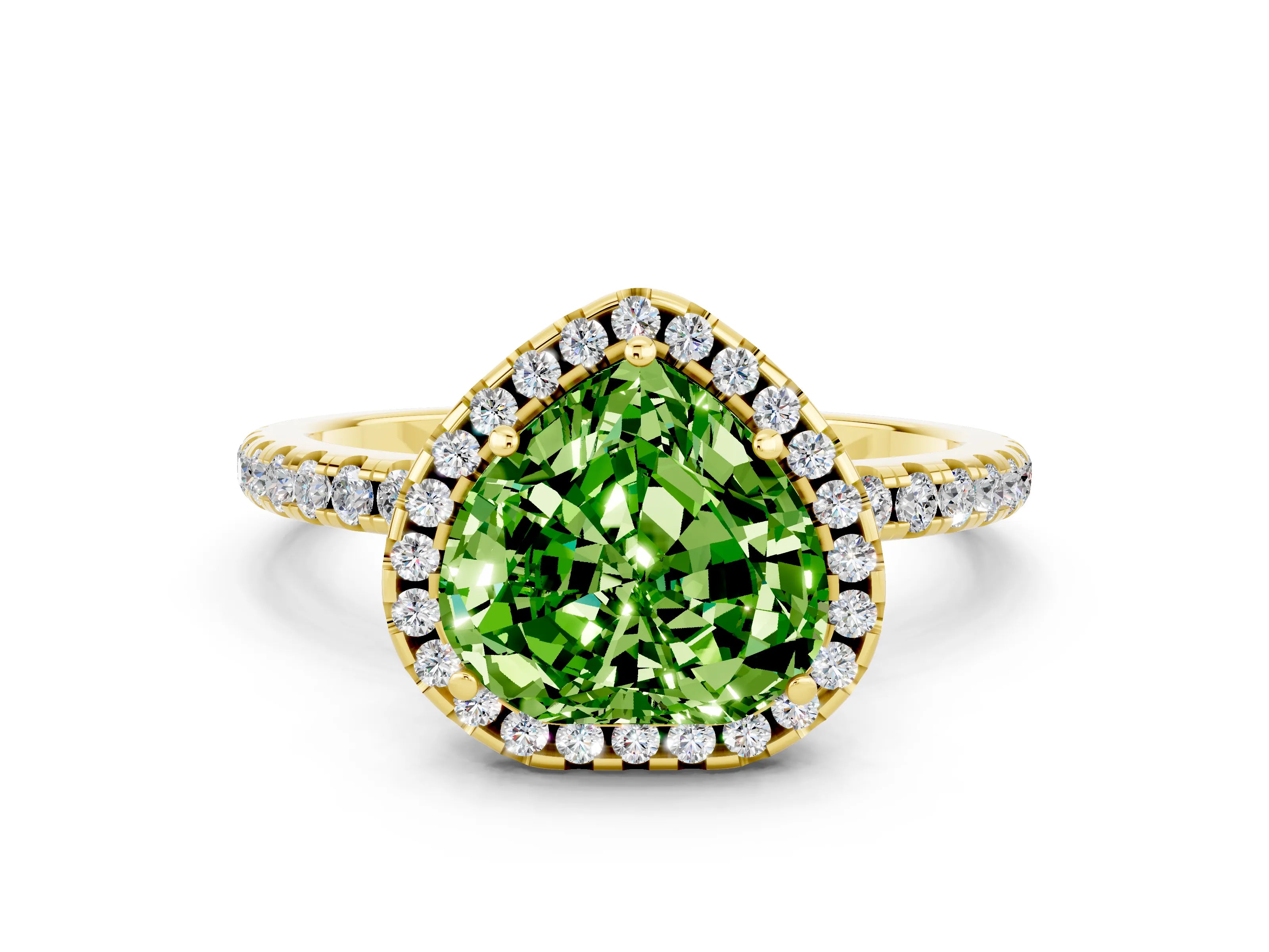 Yellow gold Heart Cut Cut Diamond Floral Halo Engagement Ring with Pavé Band and Prong Setting
