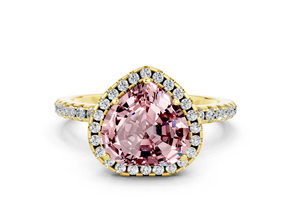 Yellow gold Heart Cut Cut Diamond Floral Halo Engagement Ring with Pavé Band and Prong Setting