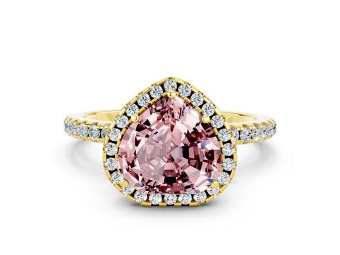 Yellow gold Heart Cut Cut Diamond Floral Halo Engagement Ring with Pavé Band and Prong Setting