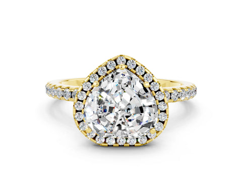 Yellow gold Heart Cut Cut Diamond Floral Halo Engagement Ring with Pavé Band and Prong Setting