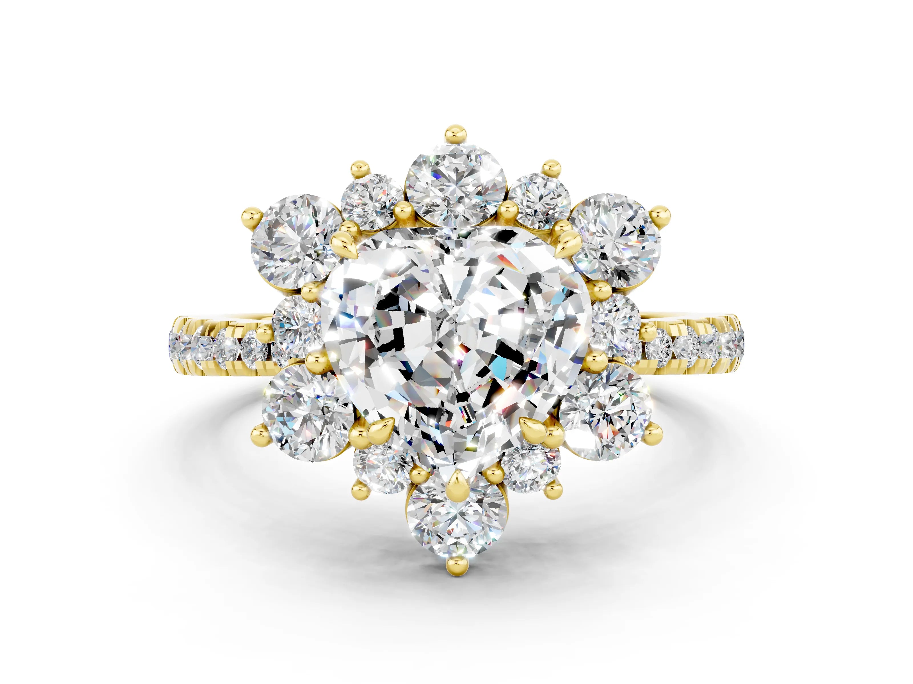 Yellow gold Heart Cut Cut Diamond Floral Halo Pave Band with Prong Setting