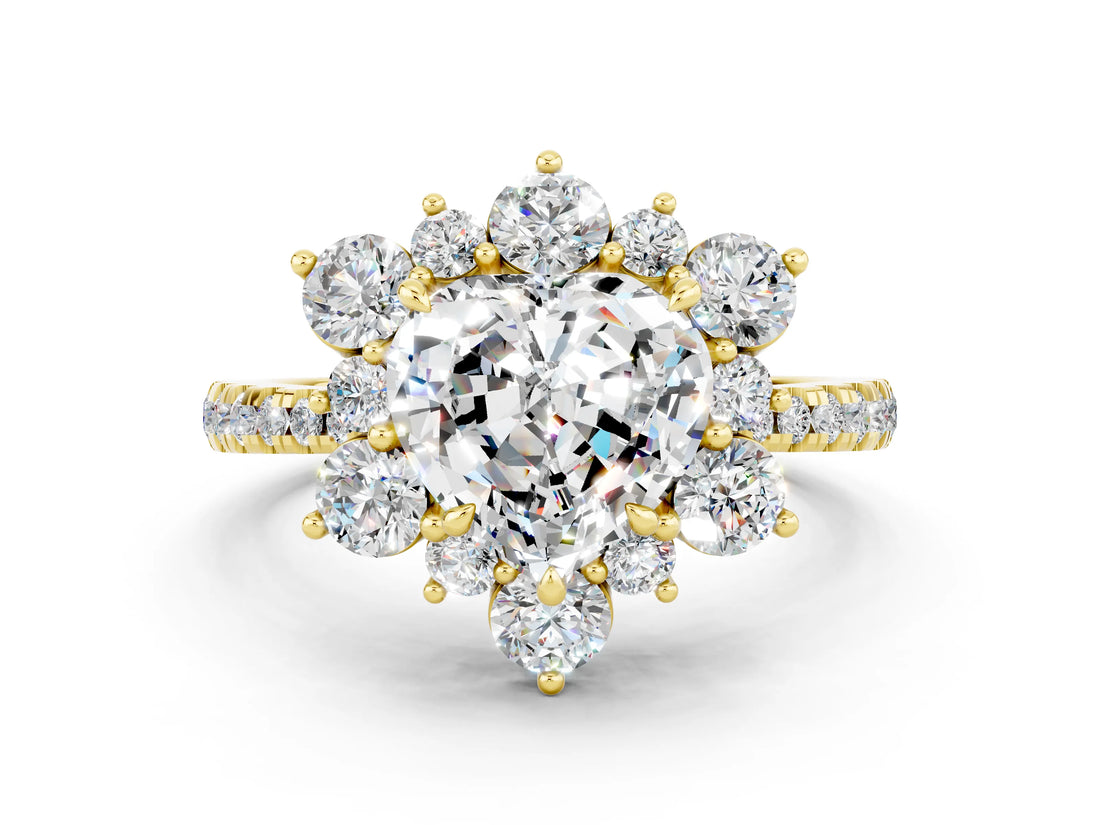 Yellow gold Heart Cut Cut Diamond Floral Halo Pave Band with Prong Setting