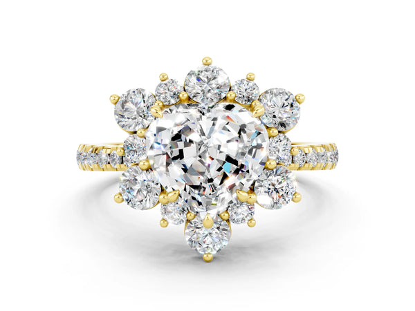 Yellow gold Heart Cut Moissanite Floral Halo Ring with Round Pavé Band and Prong Setting