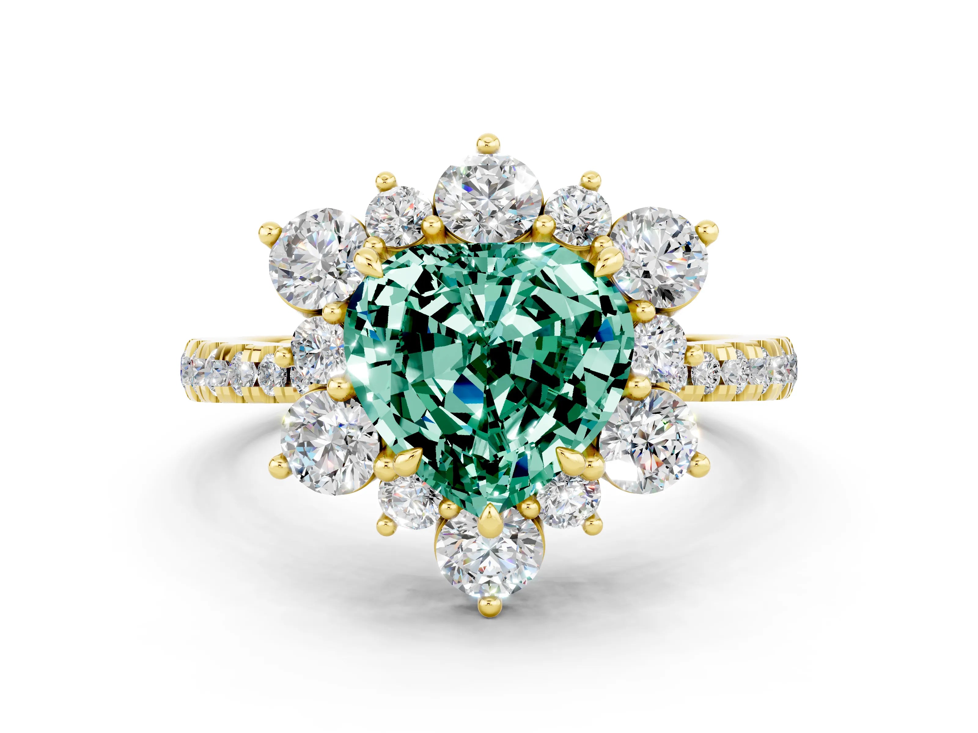 Yellow gold Heart Cut Cut Diamond Floral Halo Pave Band with Prong Setting