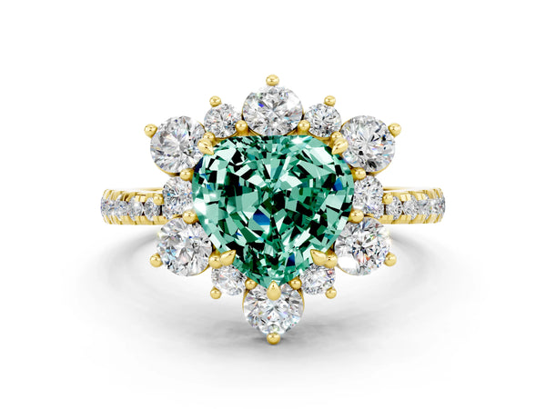 Yellow gold Heart Cut Green Sapphire Floral Halo Ring with Round Pavé Band and Prong Setting