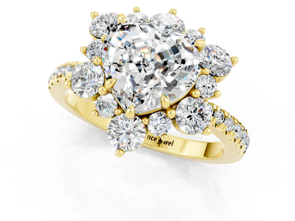 Yellow gold Heart Cut Moissanite Floral Halo Ring with Round Pavé Band and Prong Setting