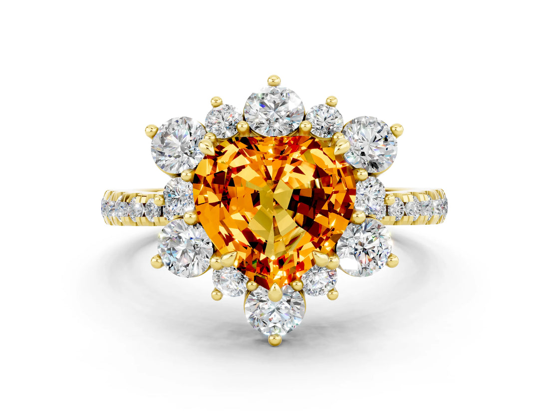 Yellow gold Heart Cut Cut Diamond Floral Halo Pave Band with Prong Setting