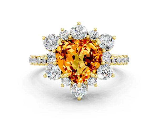 Yellow gold Heart Cut Citrine Floral Halo Ring with Round Pavé Band and Prong Setting