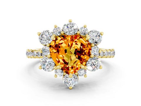 Yellow gold Heart Cut Cut Diamond Floral Halo Pave Band with Prong Setting